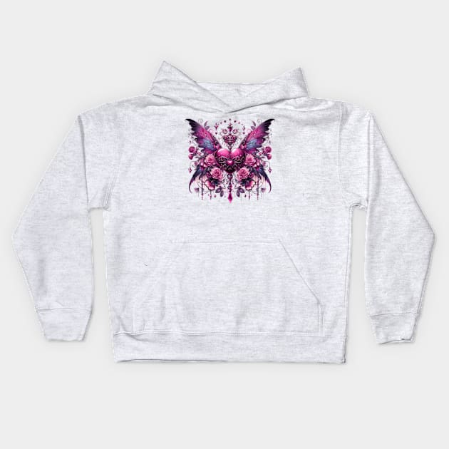 Gothic winged heart and roses Kids Hoodie by BrisaArtPrints